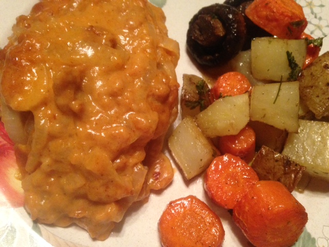 Baked Saucy ONION PORK CHOPS * Roasted POTATOES and CARROTS * comfort ...